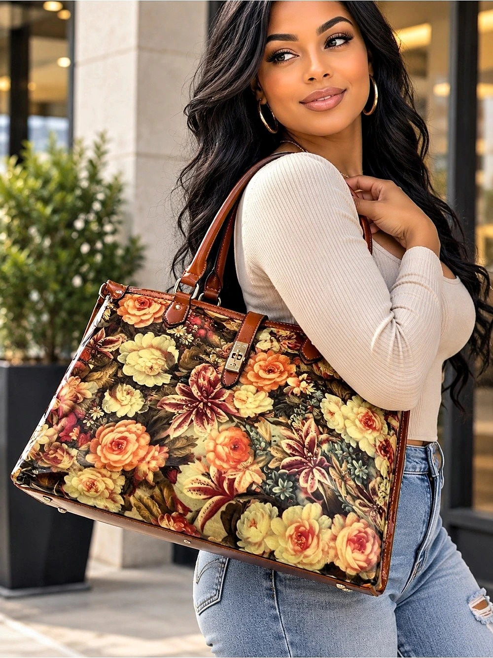 Floral Tote in Brown & Multicolor Like New